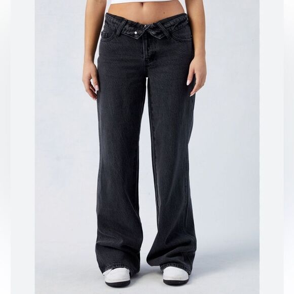 Pacsun Black Fold over Waist Baggy Wide Leg Jeans(Size 29) - Picture 1 of 12